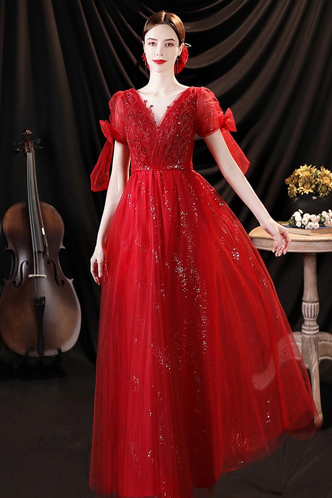 Red Bling Tulle Illusion Vneck Aline Prom Dress with Sequins Wholesale ...