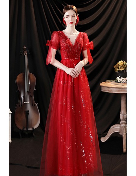 Red Bling Tulle Illusion Vneck Aline Prom Dress with Sequins