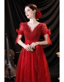 Red Bling Tulle Illusion Vneck Aline Prom Dress with Sequins
