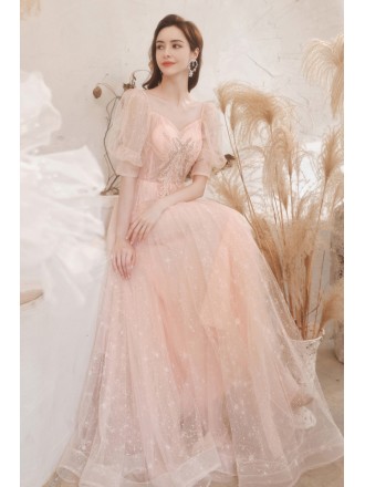 Pretty Pink Tulle Cute Prom Dress with Beaded Bubble Sleeves