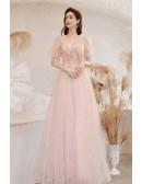 Pretty Pink Tulle Cute Prom Dress with Beaded Bubble Sleeves