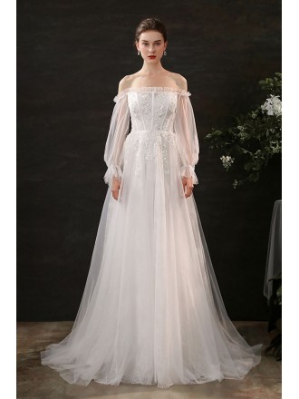 Fairytale Off Shoulder Long Sleeves Tulle Wedding Dress Aline with Lantern Sleeves