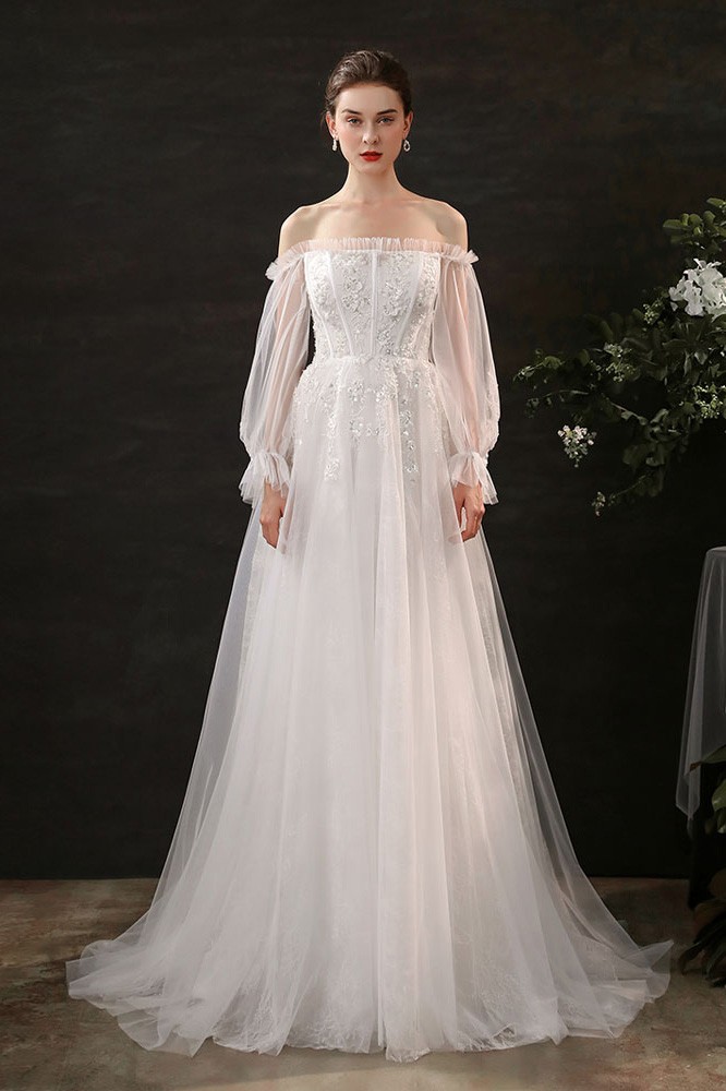 Fairytale Off Shoulder Long Sleeves Tulle Wedding Dress Aline with ...