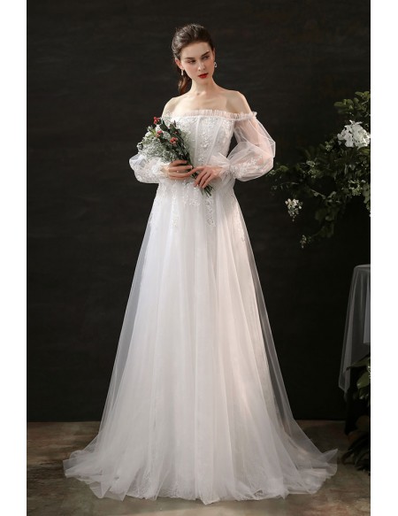 Fairytale Off Shoulder Long Sleeves Tulle Wedding Dress Aline with Lantern Sleeves