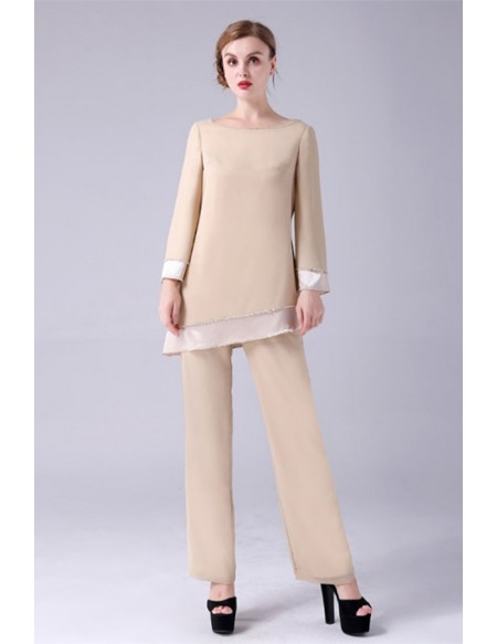 Simple Champagne Long Sleeved Mother Of The Bride Trouser Outfits Custom Plus Size