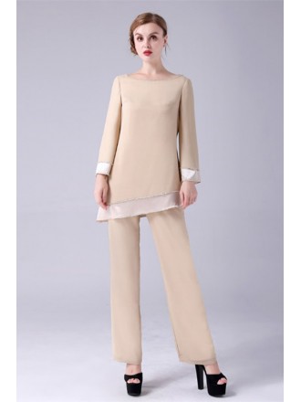Simple Champagne Long Sleeved Mother Of The Bride Trouser Outfits Custom Plus Size