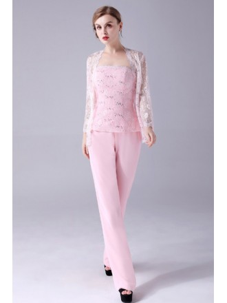 Light Pink Chiffon Trousers Mother Of The Bride Outfits with Sequined Lace Jacket