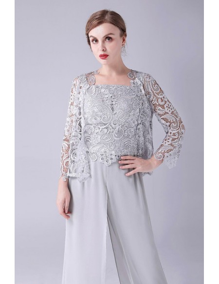 Elegant Grey Mother Of The Bride Outfits Long Trousers with Lace Jacket