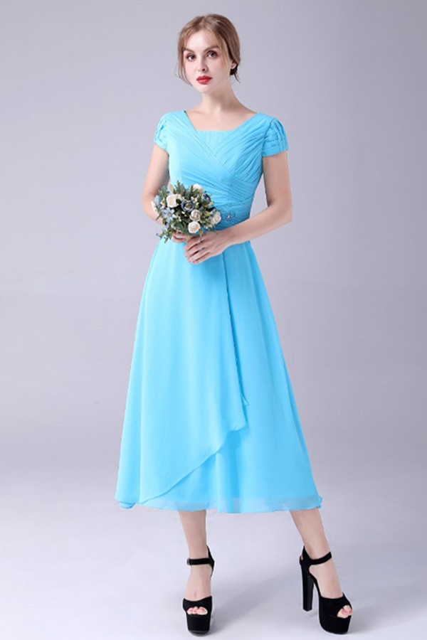 Blue Pleated Chiffon Aline Tea Length Mother Of The Bride Dress with ...