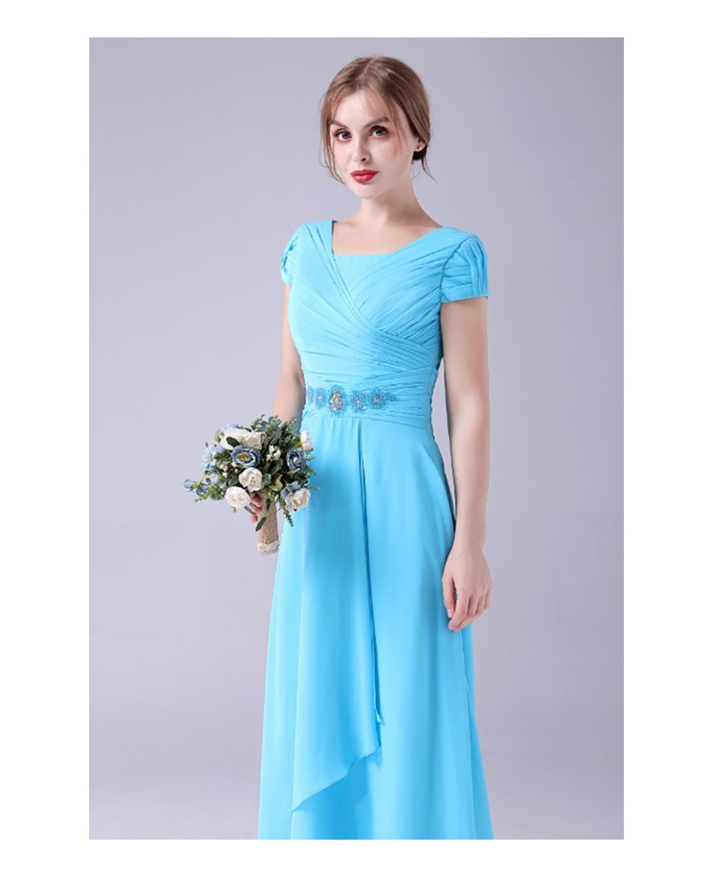 Blue Pleated Chiffon Aline Tea Length Mother Of The Bride Dress with ...