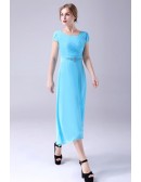 Blue Pleated Chiffon Aline Tea Length Mother Of The Bride Dress with Cap Sleeves