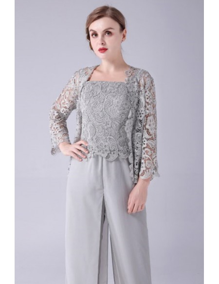 Elegant Lace Jacket Mother Of The Bride Outfits Trousers with Lace Vest ...