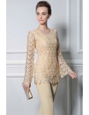 Champagne Lace Sleeved Mother Of The Bride Trouser Outfits Custom Plus Size