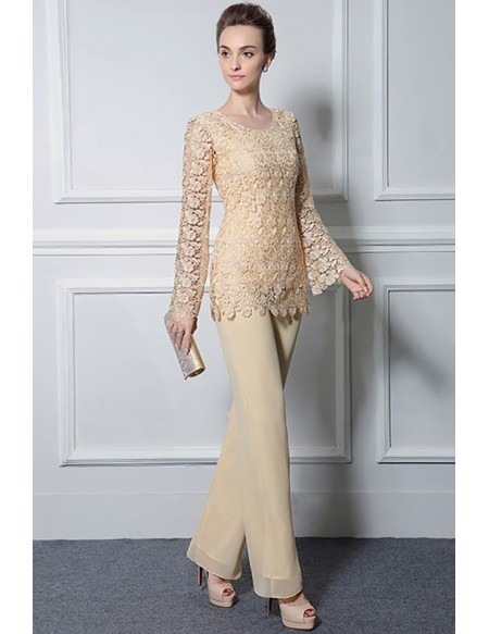 Champagne Lace Sleeved Mother Of The Bride Trouser Outfits Custom Plus Size