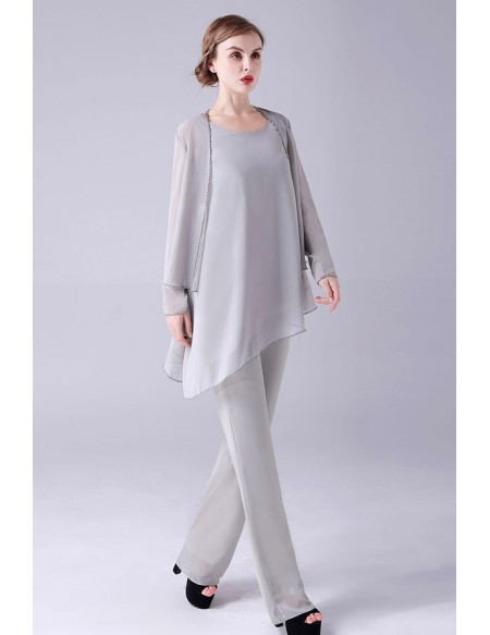 Custom Simple Grey Mother Of The Bride Trouser Outfits Plus Size with Chiffon Jacket