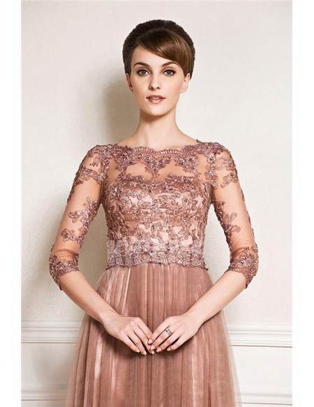 Elegant Half Lace Sleeved Long Mother Of The Bride Dress with Sequined Lace