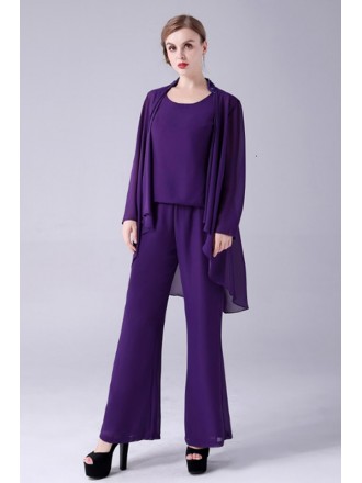 Comfy Purple Chiffon Mother Of The Bride Dresses Trouser Suits with Chiffon Jacket