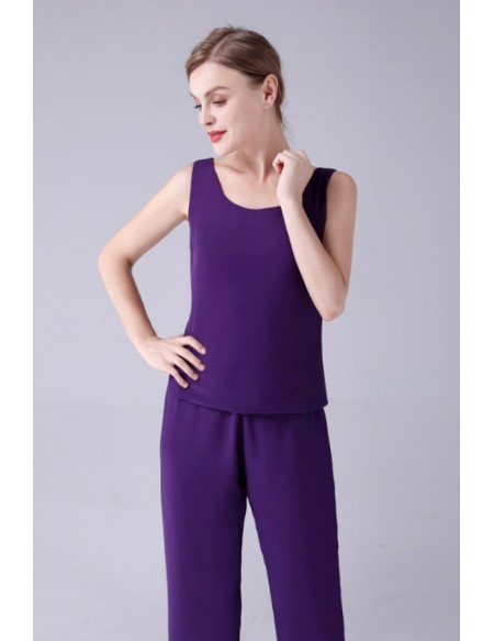 Comfy Purple Chiffon Mother Of The Bride Dresses Trouser Suits with Chiffon Jacket