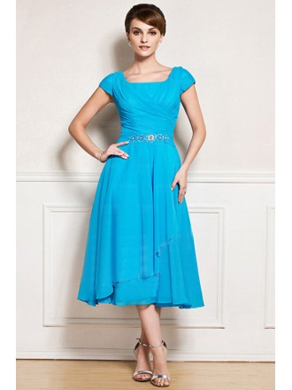 Modest Square Neckline Mother Of The Bride Dress Tea Length Chiffon with Cap Sleeves