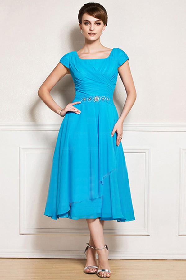 Modest Square Neckline Mother Of The Bride Dress Tea Length Chiffon ...