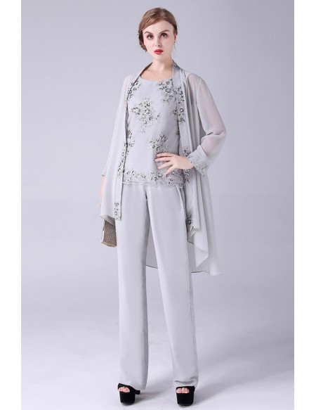 Formal Grey Embroidered Mother Of The Bride Outfits Trouser Suits with Jacket