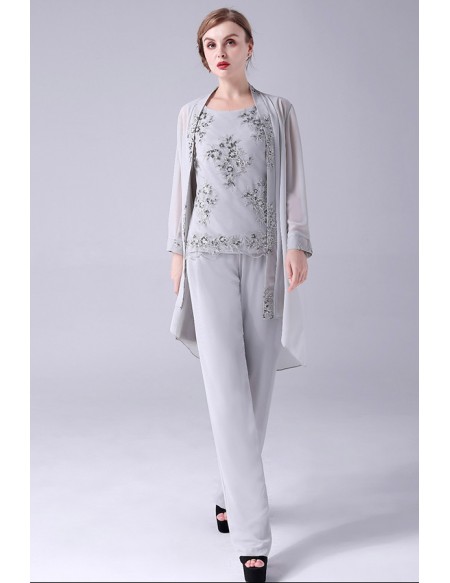Formal Grey Embroidered Mother Of The Bride Outfits Trouser Suits with Jacket