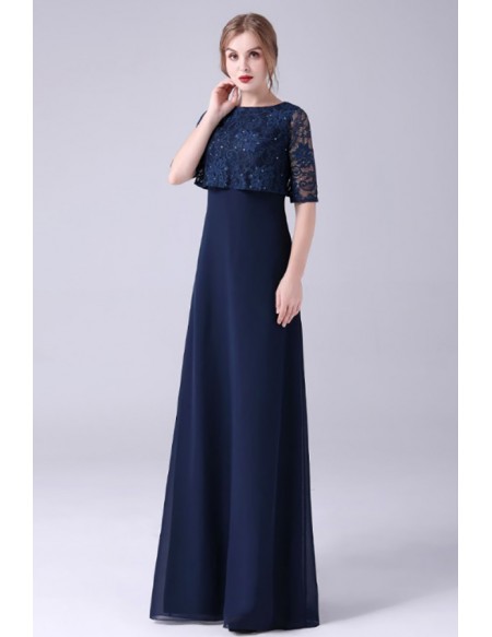 Navy Blue Empire Long Chiffon Mother Of The Bride Dress with Lace ...