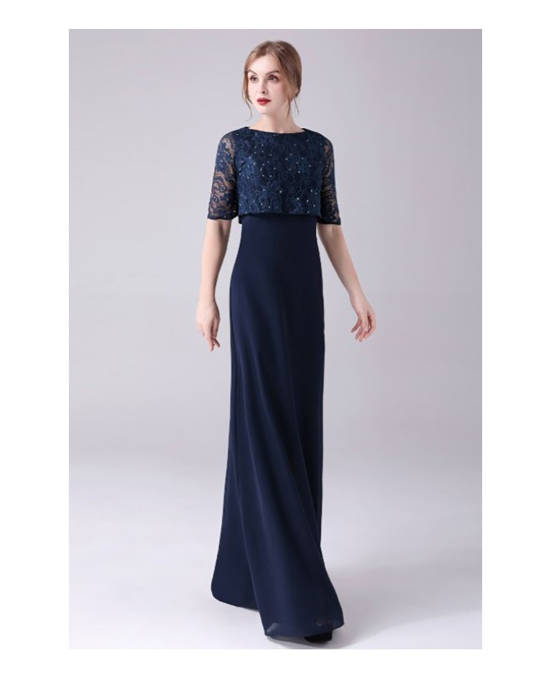 Navy Blue Empire Long Chiffon Mother Of The Bride Dress with Lace Sleeves  Wholesale #E4841 - GemGrace.com