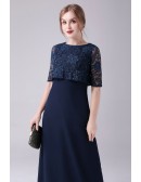 Navy Blue Empire Long Chiffon Mother Of The Bride Dress with Lace Sleeves