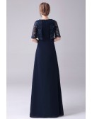 Navy Blue Empire Long Chiffon Mother Of The Bride Dress with Lace Sleeves
