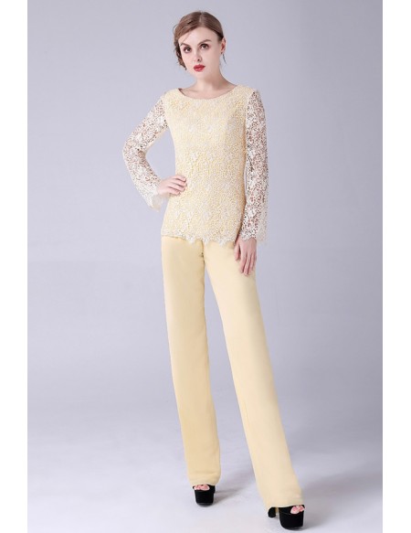 Yellow with Lace Mother Of The Bride Trouser Outfits Petite with Long Sleeves