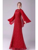 Elegant Lace Long Mother Of The Bride Dress Beaded with Cape Sleeves
