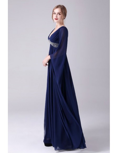 Deep Vneck Sequined Empire Chiffon Mother Of The Bride Dress with Puffy Sleeves