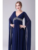Deep Vneck Sequined Empire Chiffon Mother Of The Bride Dress with Puffy Sleeves