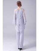 Elegant Grey Lace Mother Of The Bride Outfits Trouser Suits with Lace Cape