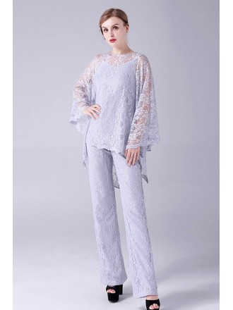 Elegant Grey Lace Mother Of The Bride Outfits Trouser Suits with Lace Cape