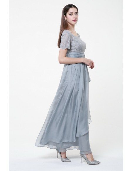 Elegant Chiffon and Lace Grey Long Dress with Short Sleeves