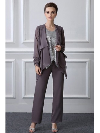 Comfy Chiffon Jacket Mother Of The Bride Outfits Trouser Suits with Sequined Vest