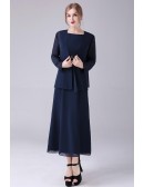 Navy Blue Chiffon Tea Length Mother Of The Bride Dress with Long Sleeved Jacket