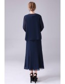 Navy Blue Chiffon Tea Length Mother Of The Bride Dress with Long Sleeved Jacket