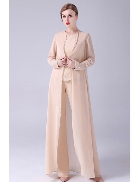 Classy Champagne Sequined Mother Of The Bride Dresses Trouser Suits with Long Chiffon Jacket