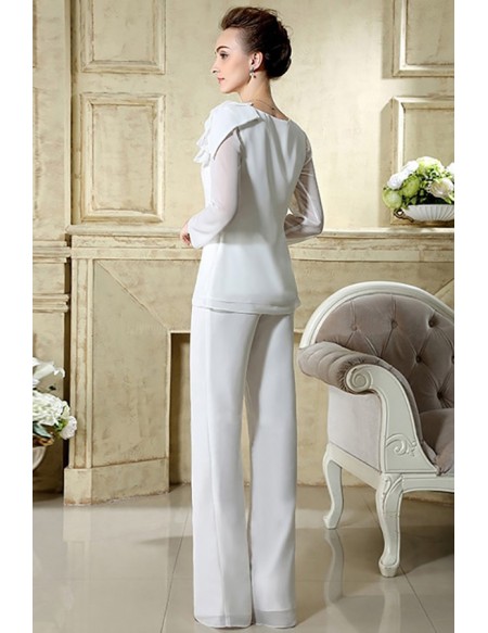 Elegant Chiffon Long Sleeved Mother Of The Bride Long Trouser Outfits Petite Custom Size
