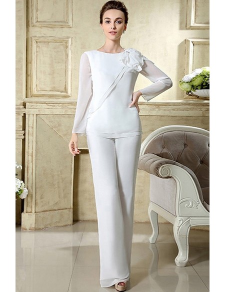 Elegant Chiffon Long Sleeved Mother Of The Bride Long Trouser Outfits Petite Custom Size