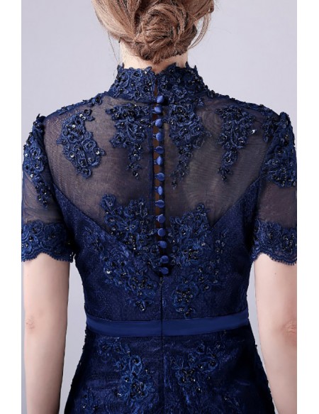 Navy Blue Sheath Lace Mother Of The Bride Dress with Sequined Short Sleeves