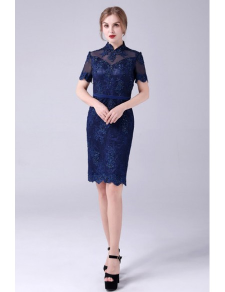 Navy Blue Sheath Lace Mother Of The Bride Dress with Sequined Short Sleeves
