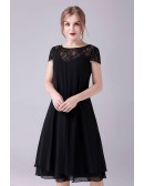 Simple Black Chiffon Knee Length Mother Of The Bride Dress with Lace Cap Sleeves