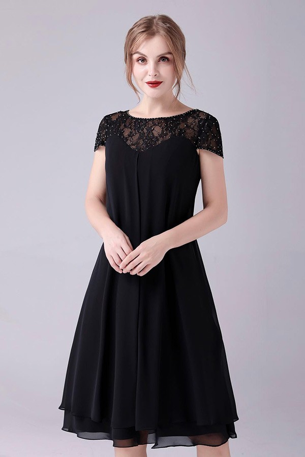 Simple Black Chiffon Knee Length Mother Of The Bride Dress with Lace ...