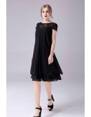 Simple Black Chiffon Knee Length Mother Of The Bride Dress with Lace Cap Sleeves