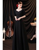 Simple Long Black Evening Party Dress with Short Sleeves