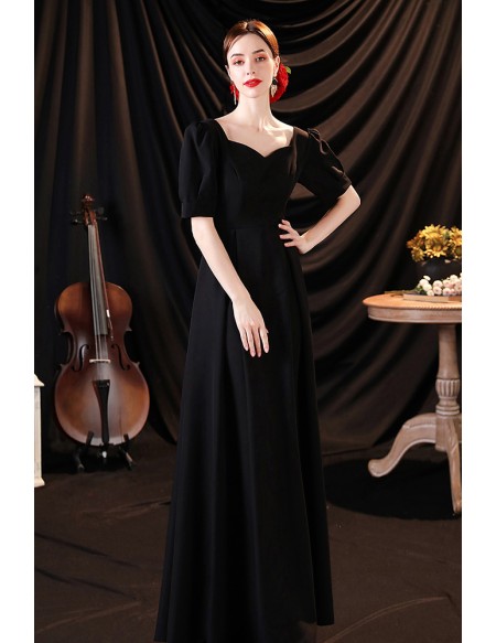 Simple Long Black Evening Party Dress with Short Sleeves